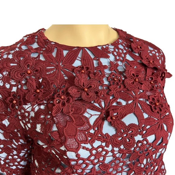 Miri New York Fit Flare Dress Blue Burgundy Floral Lace Overlay Size 6 - Picture 4 of 14